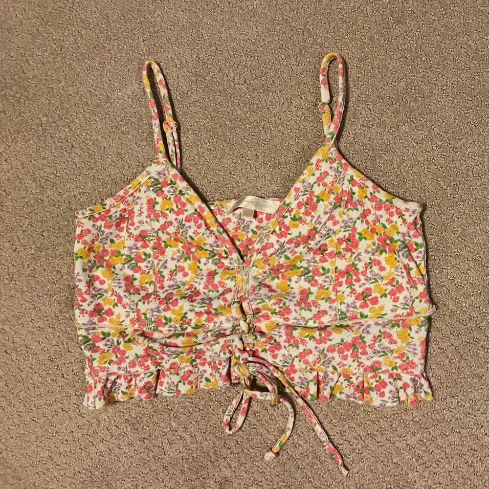 LoveShackFancy Lace Up Tie Floral Crop Top